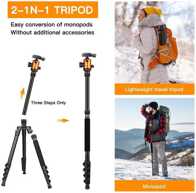 Alt view image 4 of 7 - 82" Tall Camera Tripod Heavy Duty, Aluminum DSLR Tripod Monopod for Photography Travel, Professional Camera Stand for Spotting Scope Telescope Binocular