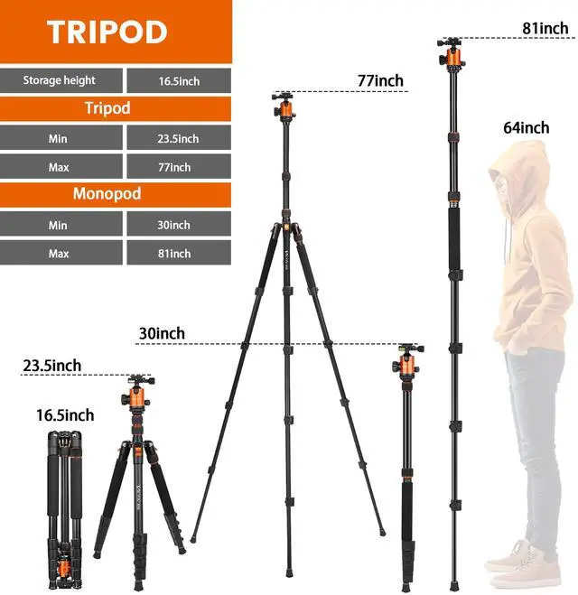 Alt view image 3 of 7 - 82" Tall Camera Tripod Heavy Duty, Aluminum DSLR Tripod Monopod for Photography Travel, Professional Camera Stand for Spotting Scope Telescope Binocular