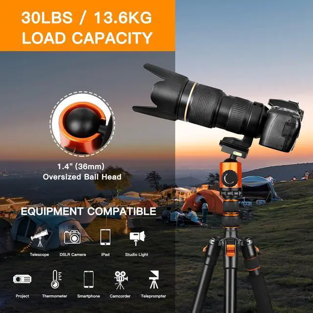Alt view image 5 of 7 - 82" Tall Camera Tripod Heavy Duty, Aluminum DSLR Tripod Monopod for Photography Travel, Professional Camera Stand for Spotting Scope Telescope Binocular