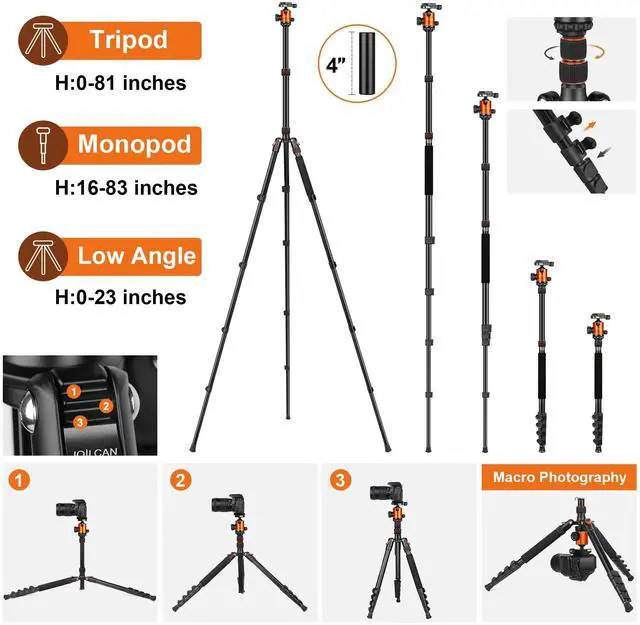 Alt view image 2 of 7 - Tripod for Camera, 81" Aluminum Camera Tripod Stand, 83" DSLR Tripods & Monopods, Heavy Duty Travel Tripod for Binoculars Spotting Scope Telescope, Max Load 35lb
