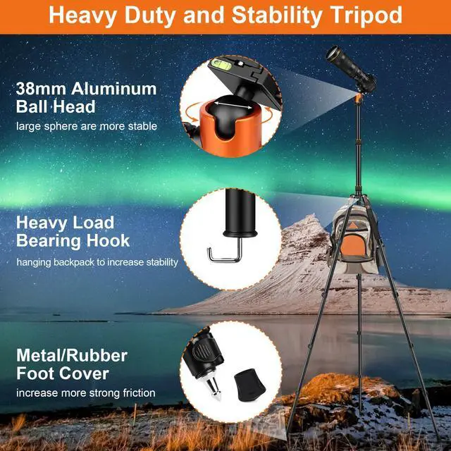 Alt view image 4 of 7 - Tripod for Camera, 81" Aluminum Camera Tripod Stand, 83" DSLR Tripods & Monopods, Heavy Duty Travel Tripod for Binoculars Spotting Scope Telescope, Max Load 35lb