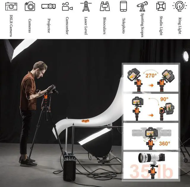 Alt view image 6 of 7 - Tripod for Camera, 81" Aluminum Camera Tripod Stand, 83" DSLR Tripods & Monopods, Heavy Duty Travel Tripod for Binoculars Spotting Scope Telescope, Max Load 35lb