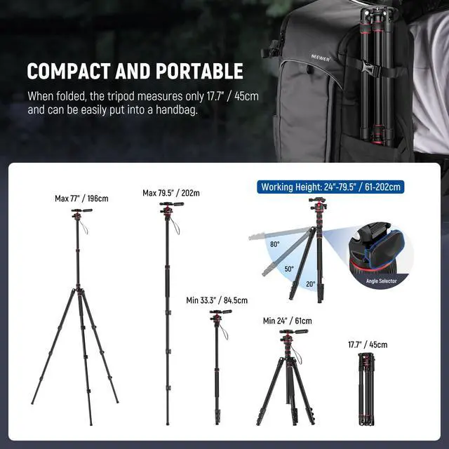 Alt view image 3 of 7 - Basics Camera Tripod Monopod, 77" Compact Lightweight Travel DSLR Video Stand, 360° Ball Head, Arca Type QR Plate, Reversible Legs & Inverted Central Axis, 13lb Max Load, TP08