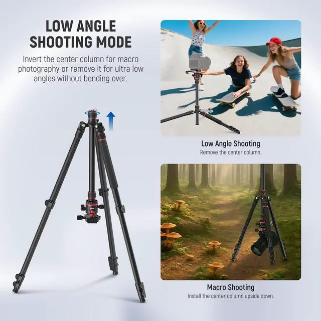 Alt view image 5 of 7 - Basics Camera Tripod Monopod, 77" Compact Lightweight Travel DSLR Video Stand, 360° Ball Head, Arca Type QR Plate, Reversible Legs & Inverted Central Axis, 13lb Max Load, TP08