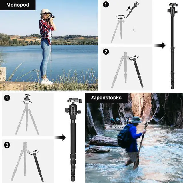 Alt view image 5 of 7 - 80/85 inches Heavy Duty Tripod for Camera and Phone, 85" Camera Monopod Tripods, DSLR Binoculars Spotting Scope Camcorders Video Tripod Stand, 360 Degree Ball Head, 35 lbs Loads