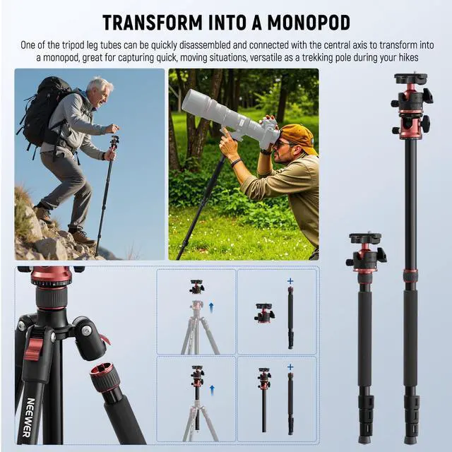Alt view image 4 of 6 - Basics 70.9" Camera Tripod Monopod with Center Column & Ball Head, Quick Release Overhead DSLR Cell Phone Holder Stand Compatible with iPhone Travel Video Recording, 17.6 lbs Max Load, TP16