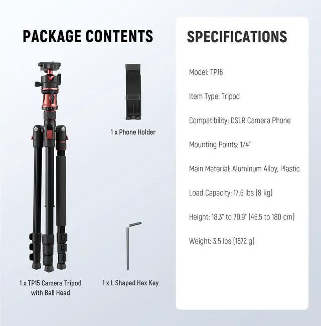 Alt view image 6 of 6 - Basics 70.9" Camera Tripod Monopod with Center Column & Ball Head, Quick Release Overhead DSLR Cell Phone Holder Stand Compatible with iPhone Travel Video Recording, 17.6 lbs Max Load, TP16