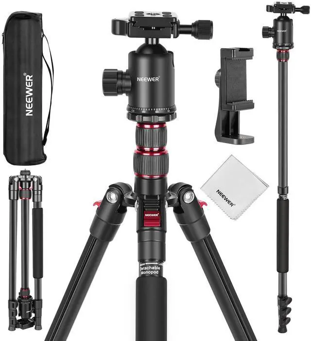 Main image of 77" Camera Tripod Monopod with Cell Phone Holder Compatible with iPhone for Video Recording, Compact Aluminum Travel Stand with Ball Head QR Plate Bag Cleaning Cloth, Max Load 34lb, TP77