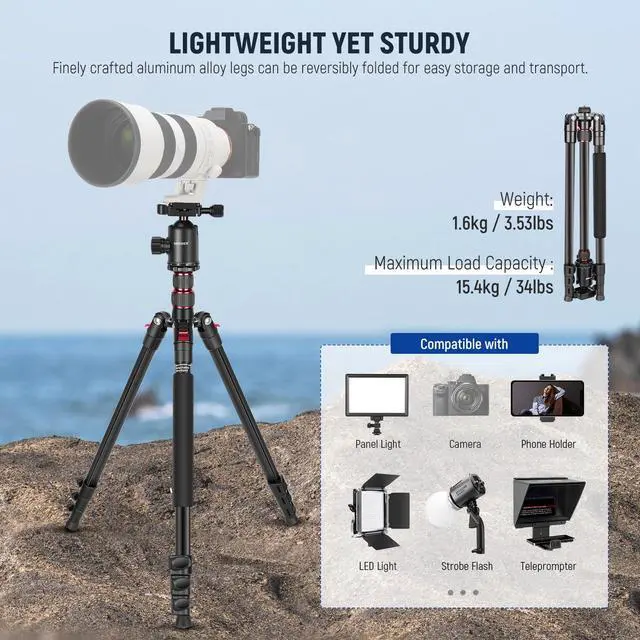 Alt view image 2 of 7 - 77" Camera Tripod Monopod with Cell Phone Holder Compatible with iPhone for Video Recording, Compact Aluminum Travel Stand with Ball Head QR Plate Bag Cleaning Cloth, Max Load 34lb, TP77