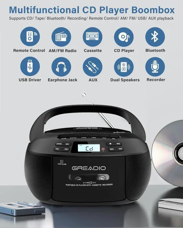 Alt view image 2 of 7 - Boombox CD Player Cassette Player Combo, Boom Box Portable CD Players for Home with Bluetooth, Support AM FM Radio/Remote Control/AUX/USB/Earphone, AC/Battery Operated, LCD Display (Black)