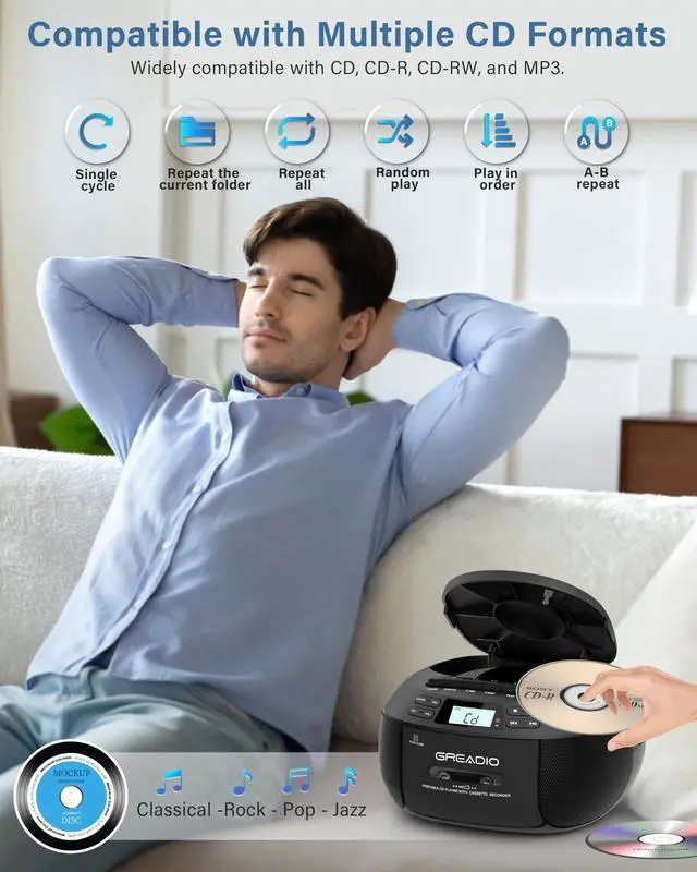 Alt view image 3 of 7 - Boombox CD Player Cassette Player Combo, Boom Box Portable CD Players for Home with Bluetooth, Support AM FM Radio/Remote Control/AUX/USB/Earphone, AC/Battery Operated, LCD Display (Black)