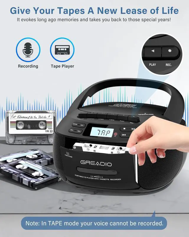 Alt view image 4 of 7 - Boombox CD Player Cassette Player Combo, Boom Box Portable CD Players for Home with Bluetooth, Support AM FM Radio/Remote Control/AUX/USB/Earphone, AC/Battery Operated, LCD Display (Black)