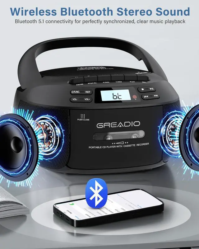 Alt view image 5 of 7 - Boombox CD Player Cassette Player Combo, Boom Box Portable CD Players for Home with Bluetooth, Support AM FM Radio/Remote Control/AUX/USB/Earphone, AC/Battery Operated, LCD Display (Black)