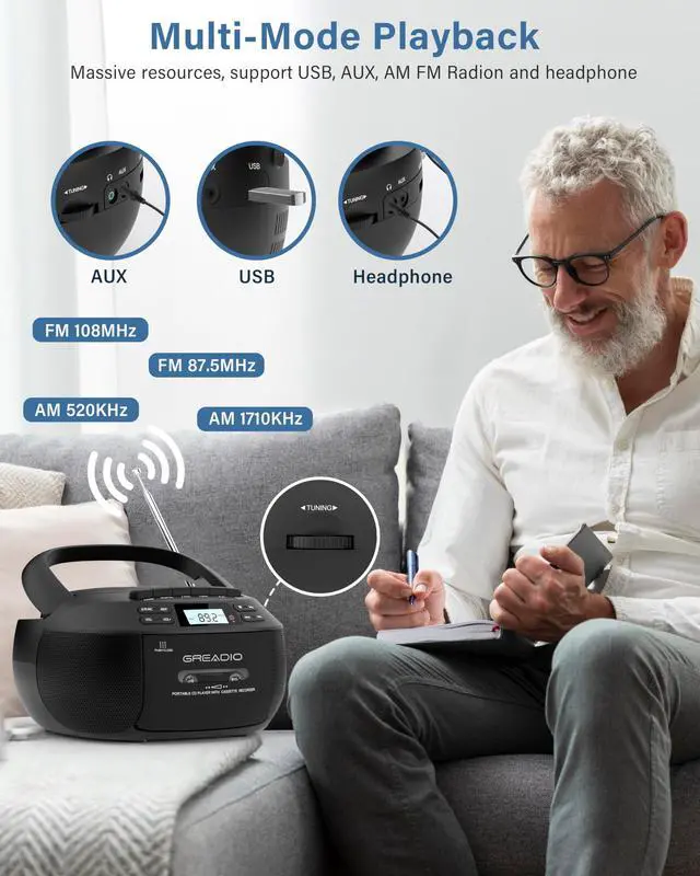 Alt view image 6 of 7 - Boombox CD Player Cassette Player Combo, Boom Box Portable CD Players for Home with Bluetooth, Support AM FM Radio/Remote Control/AUX/USB/Earphone, AC/Battery Operated, LCD Display (Black)