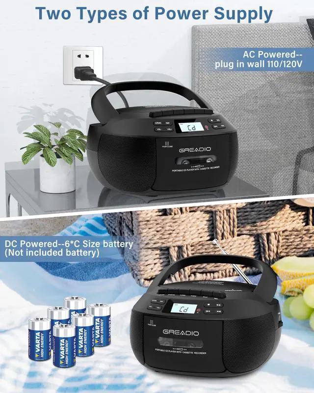 Alt view image 7 of 7 - Boombox CD Player Cassette Player Combo, Boom Box Portable CD Players for Home with Bluetooth, Support AM FM Radio/Remote Control/AUX/USB/Earphone, AC/Battery Operated, LCD Display (Black)