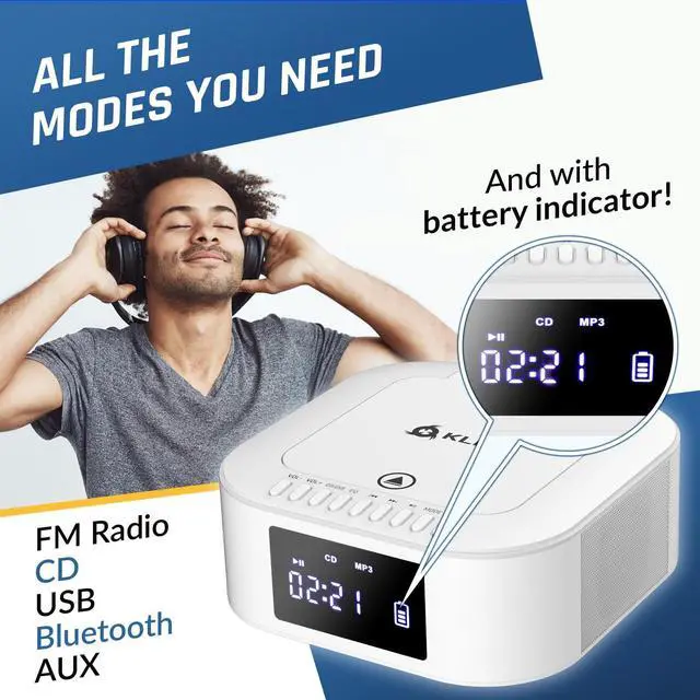 Alt view image 3 of 7 - Boombox E1 - CD Player Portable Audio System + Extra BASS with Subwoofer + FM Radio, CD MP3 Bluetooth AUX USB + Wired and Wireless Mode Rechargeable Battery + Remote Control - White