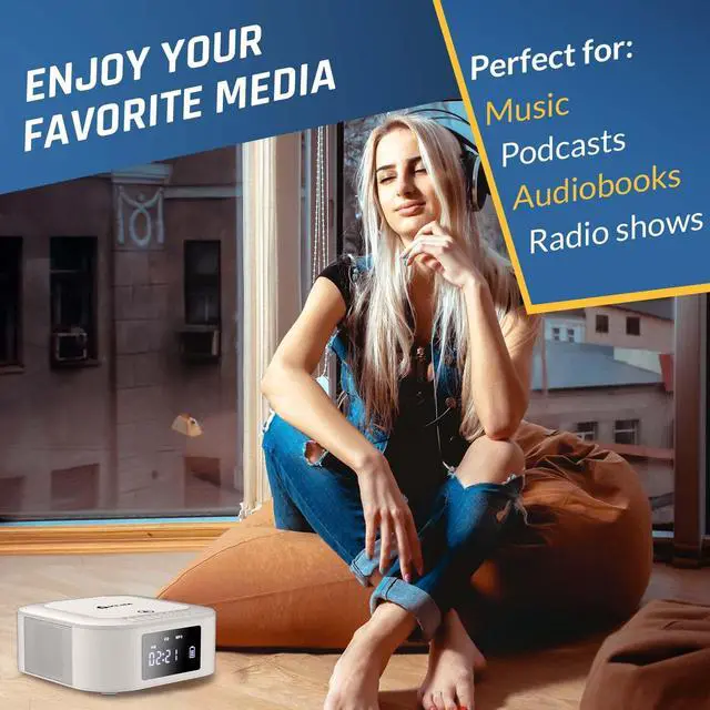 Alt view image 4 of 7 - Boombox E1 - CD Player Portable Audio System + Extra BASS with Subwoofer + FM Radio, CD MP3 Bluetooth AUX USB + Wired and Wireless Mode Rechargeable Battery + Remote Control - White