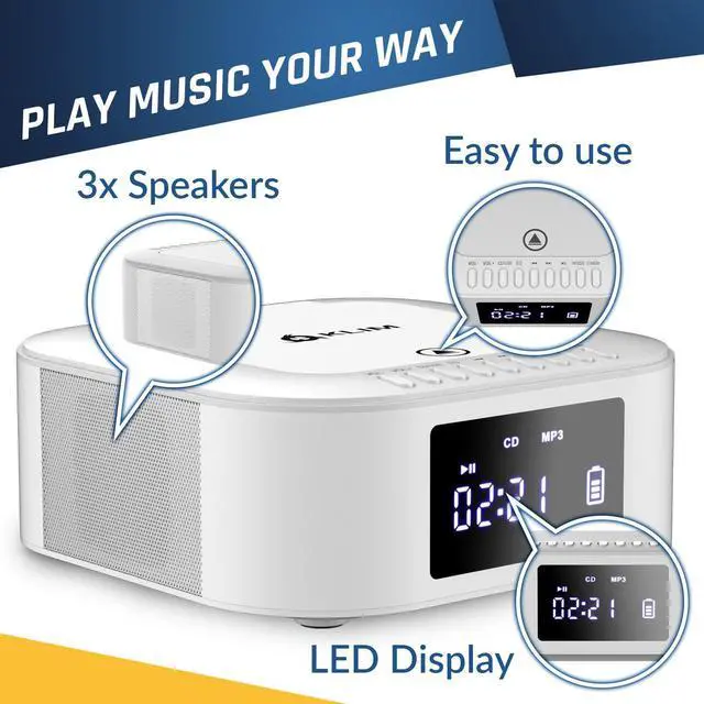 Alt view image 6 of 7 - Boombox E1 - CD Player Portable Audio System + Extra BASS with Subwoofer + FM Radio, CD MP3 Bluetooth AUX USB + Wired and Wireless Mode Rechargeable Battery + Remote Control - White