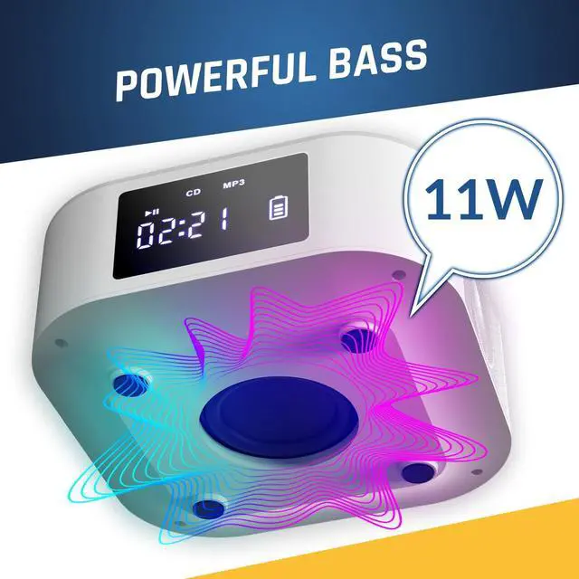 Alt view image 2 of 7 - Boombox E1 - CD Player Portable Audio System + Extra BASS with Subwoofer + FM Radio, CD MP3 Bluetooth AUX USB + Wired and Wireless Mode Rechargeable Battery + Remote Control - White