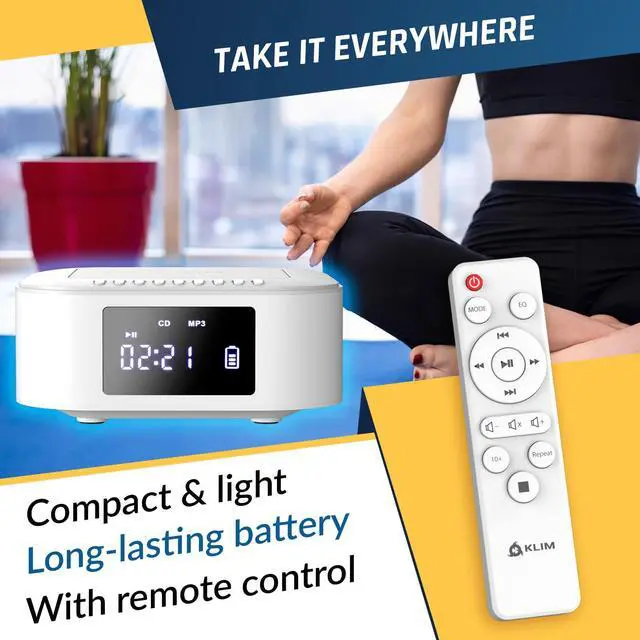 Alt view image 5 of 7 - Boombox E1 - CD Player Portable Audio System + Extra BASS with Subwoofer + FM Radio, CD MP3 Bluetooth AUX USB + Wired and Wireless Mode Rechargeable Battery + Remote Control - White