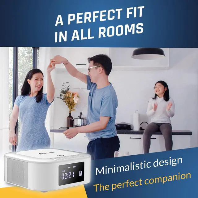 Alt view image 7 of 7 - Boombox E1 - CD Player Portable Audio System + Extra BASS with Subwoofer + FM Radio, CD MP3 Bluetooth AUX USB + Wired and Wireless Mode Rechargeable Battery + Remote Control - White