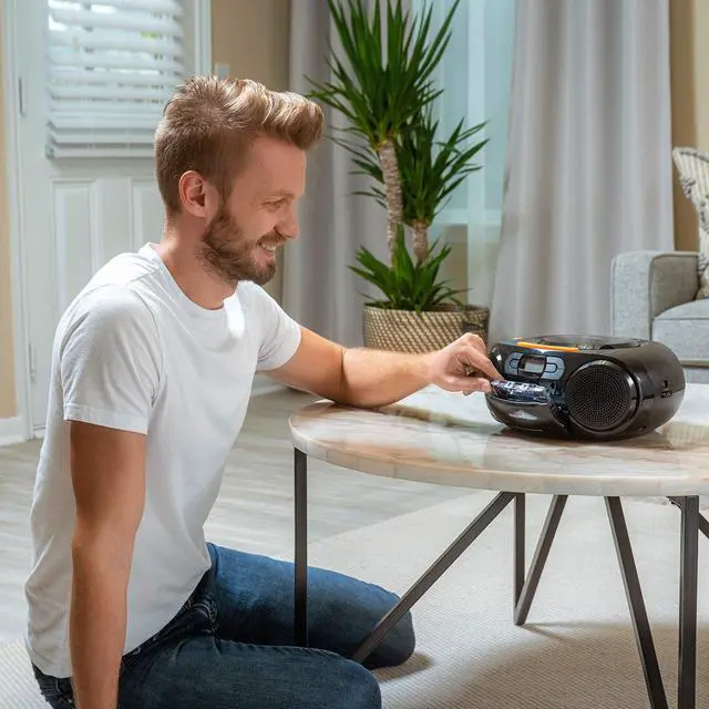 Alt view image 5 of 7 - Portable CD Player Boombox - Portable MP3 Player and Cassette Tape Player, Boom Box Compact Stereo Sound System with Dynamic Bass Boost, Take Your Music Outside with USB HiFi Music Player