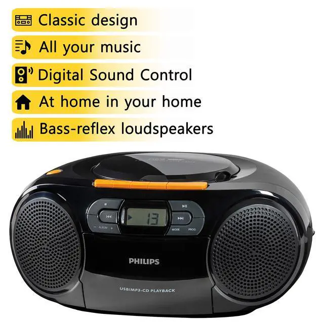 Alt view image 4 of 7 - Portable CD Player Boombox - Portable MP3 Player and Cassette Tape Player, Boom Box Compact Stereo Sound System with Dynamic Bass Boost, Take Your Music Outside with USB HiFi Music Player