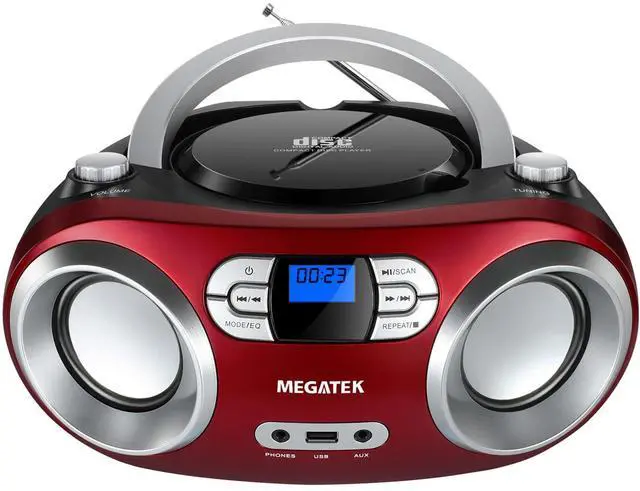 Main image of Portable CD Player Boombox with FM Radio, Bluetooth, USB Port, AUX Input, and Headphone Jack  CD-R/CD-RW/MP3-CD Compatible, Clear Stereo Sound, Backlit LCD Display  Cherry Red