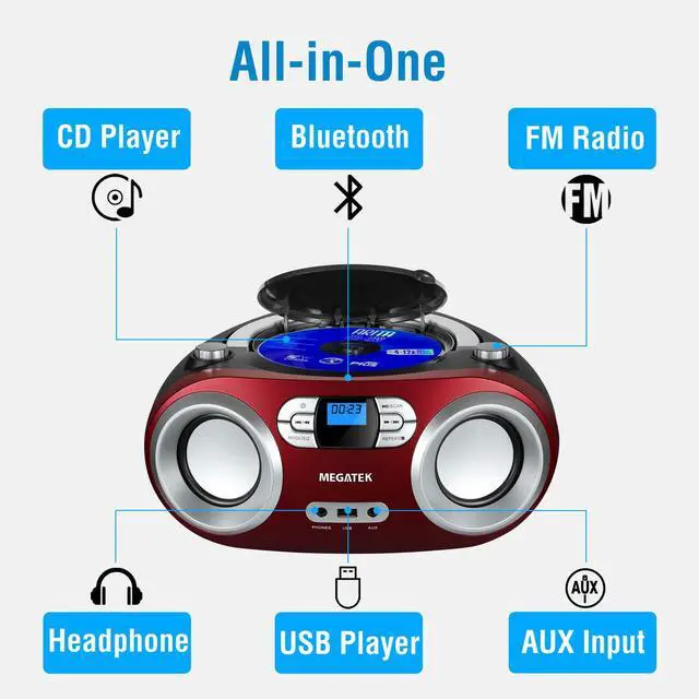 Alt view image 2 of 7 - Portable CD Player Boombox with FM Radio, Bluetooth, USB Port, AUX Input, and Headphone Jack  CD-R/CD-RW/MP3-CD Compatible, Clear Stereo Sound, Backlit LCD Display  Cherry Red