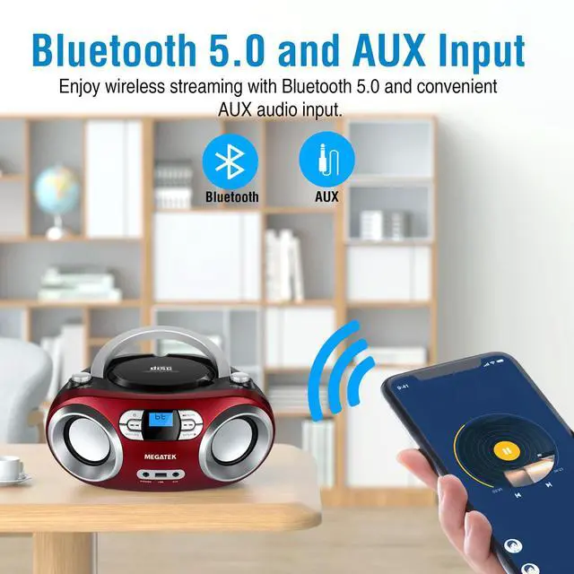 Alt view image 4 of 7 - Portable CD Player Boombox with FM Radio, Bluetooth, USB Port, AUX Input, and Headphone Jack  CD-R/CD-RW/MP3-CD Compatible, Clear Stereo Sound, Backlit LCD Display  Cherry Red