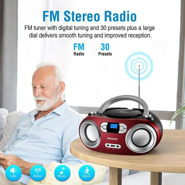 Alt view image 7 of 7 - Portable CD Player Boombox with FM Radio, Bluetooth, USB Port, AUX Input, and Headphone Jack  CD-R/CD-RW/MP3-CD Compatible, Clear Stereo Sound, Backlit LCD Display  Cherry Red