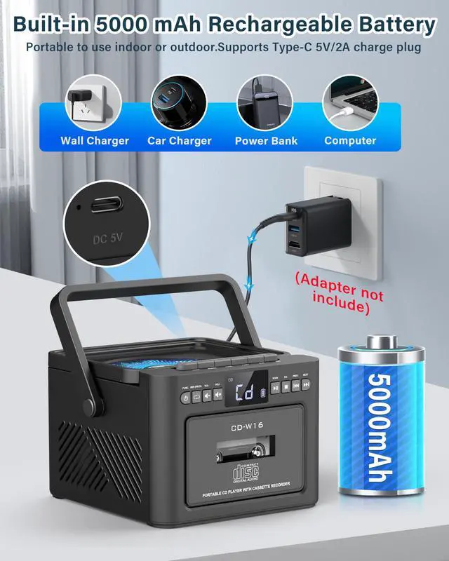 Alt view image 2 of 7 - Boombox Cassette CD Player Bluetooth5.1 with 5000mAh Battery,5W Dual Stereo Speakers,Rechargeable CD Player with FM Radio,Remote Control,Tape Recording,3.5mm Earphone Jack,AUX/Micro SD/USB for Home