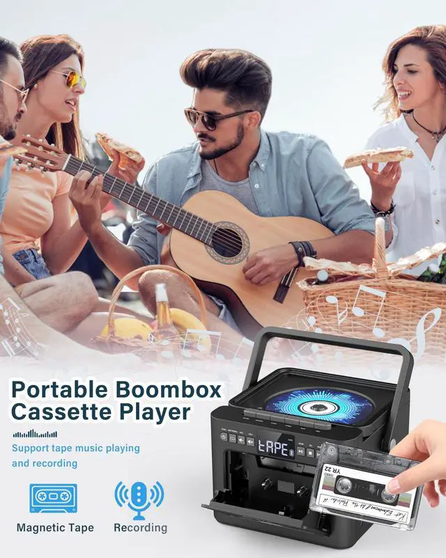 Alt view image 4 of 7 - Boombox Cassette CD Player Bluetooth5.1 with 5000mAh Battery,5W Dual Stereo Speakers,Rechargeable CD Player with FM Radio,Remote Control,Tape Recording,3.5mm Earphone Jack,AUX/Micro SD/USB for Home