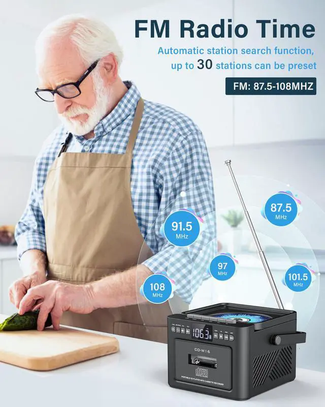 Alt view image 5 of 7 - Boombox Cassette CD Player Bluetooth5.1 with 5000mAh Battery,5W Dual Stereo Speakers,Rechargeable CD Player with FM Radio,Remote Control,Tape Recording,3.5mm Earphone Jack,AUX/Micro SD/USB for Home