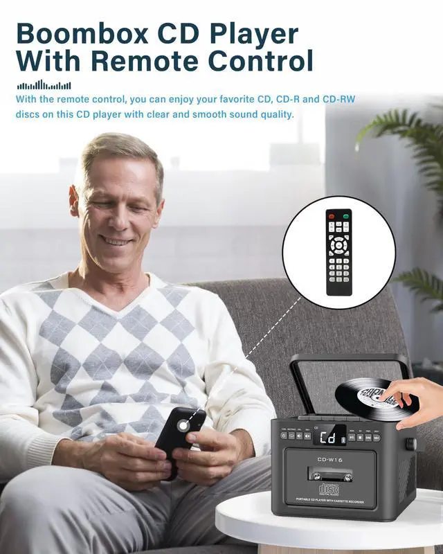 Alt view image 6 of 7 - Boombox Cassette CD Player Bluetooth5.1 with 5000mAh Battery,5W Dual Stereo Speakers,Rechargeable CD Player with FM Radio,Remote Control,Tape Recording,3.5mm Earphone Jack,AUX/Micro SD/USB for Home