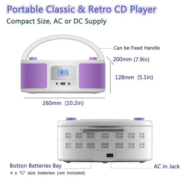 Alt view image 6 of 7 - CD Radio Portable CD Player Boombox with Bluetooth,FM Radio,Remote Control,USB Input and 3.5mm AUX Headphone Jack,CD-R/CD-RW/MP3/WMA Playback,AC/Battery Powered
