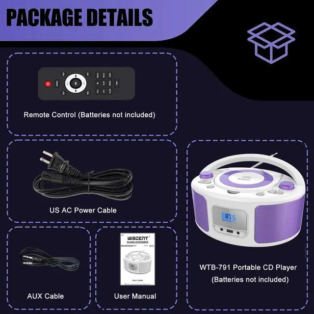 Alt view image 7 of 7 - CD Radio Portable CD Player Boombox with Bluetooth,FM Radio,Remote Control,USB Input and 3.5mm AUX Headphone Jack,CD-R/CD-RW/MP3/WMA Playback,AC/Battery Powered