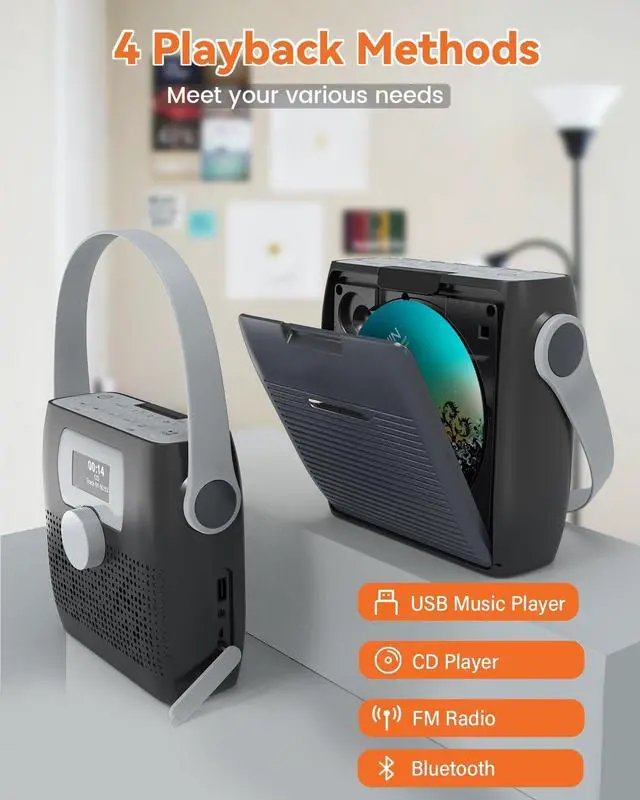 Alt view image 7 of 7 - CD Player Portable,MONODEAL Bluetooth Boombox CD Player with Speakers,Portable FM Radio for Camping& Travel(Favourite Memory,LED,Waterproof,Clock,Alarm Timer,USB,Headphone Jack,6W) Dark Gray