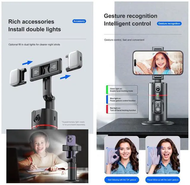 Alt view image 2 of 6 - Auto Face Tracking Tripod Remote Control,Smart Tracking Phone Holder,360° Rotation Face Body Phone Camera Mount Gesture Control with Tripod Stand for Live Streaming Video,Chat Face timeMeeting