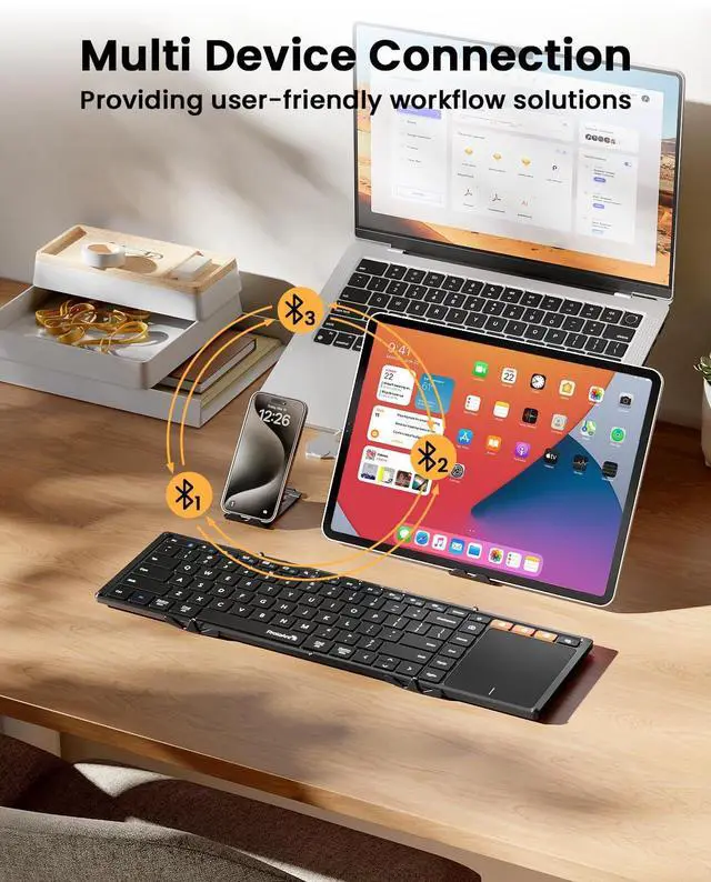 Alt view image 6 of 7 - Foldable Keyboard with Touchpad, XK01 TP Folding Portable Keyboard, Full Size Keys, Large Trackpad Bluetooth Travel Keyboards for Laptop PC Tablet - Black