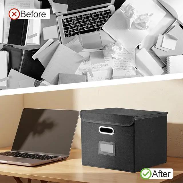 Alt view image 5 of 7 - File Organizer Box, Linen Filing Organizer with Lid, Large Desktop File Boxes, Black