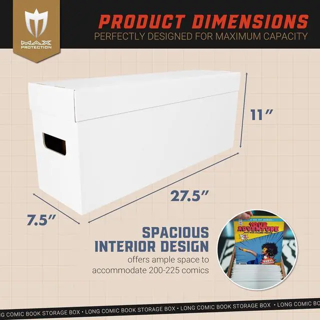 Alt view image 2 of 7 - Max Protection Comic Book Storage Box - 2 Count Long Comic Book Boxes with White Corrugated Cardboard - Stackable Bin, Thick Case, Book Containers with Lid - Ideal for Comics, Magazines, Collectibles