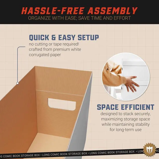 Alt view image 3 of 7 - Max Protection Comic Book Storage Box - 2 Count Long Comic Book Boxes with White Corrugated Cardboard - Stackable Bin, Thick Case, Book Containers with Lid - Ideal for Comics, Magazines, Collectibles