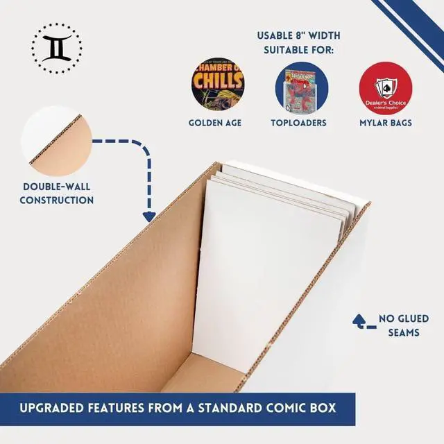 Alt view image 4 of 7 - Long Comic Book Storage Box  USA-Made, Holds 250-300 Comics & 250 Pounds Strength Tested Versatile Gemini Comic Book Box/Bin (Lids included)  Thick-Grip, No Glued Seams, Acid-free (Pack of 1)