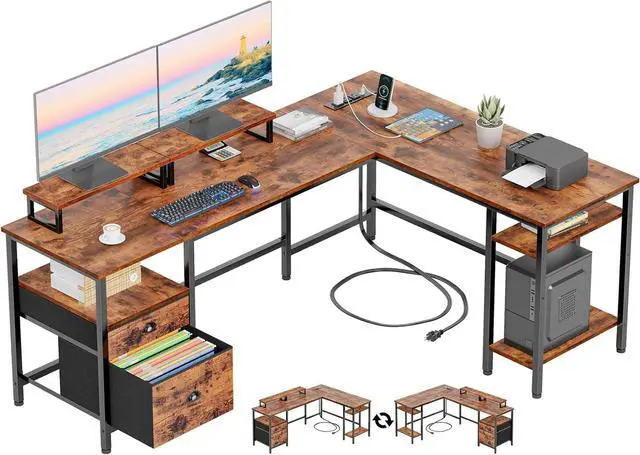 Main image of Furologee 66 L Shaped Desk with Power Outlet, Reversible Computer Gaming Desk with File Drawer & 2 Monitor Stands for Home Office with Storage Shelves, Rustic Brown