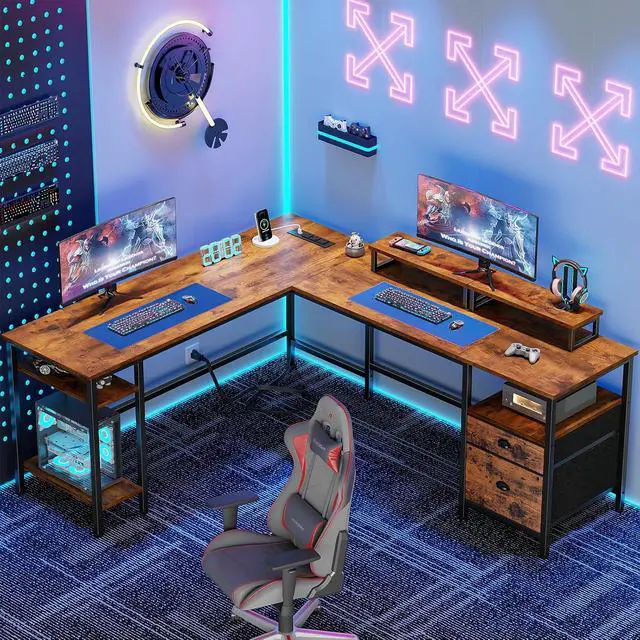 Alt view image 2 of 7 - Furologee 66 L Shaped Desk with Power Outlet, Reversible Computer Gaming Desk with File Drawer & 2 Monitor Stands for Home Office with Storage Shelves, Rustic Brown