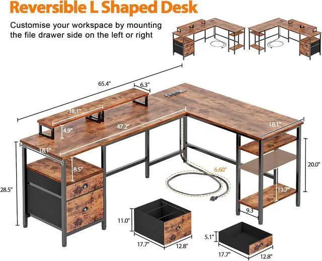 Alt view image 3 of 7 - Furologee 66 L Shaped Desk with Power Outlet, Reversible Computer Gaming Desk with File Drawer & 2 Monitor Stands for Home Office with Storage Shelves, Rustic Brown