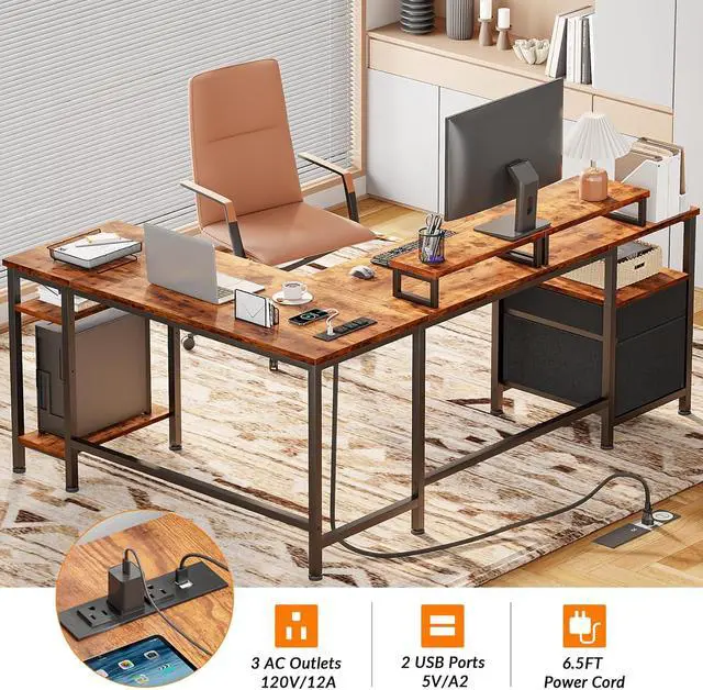 Alt view image 5 of 7 - Furologee 66 L Shaped Desk with Power Outlet, Reversible Computer Gaming Desk with File Drawer & 2 Monitor Stands for Home Office with Storage Shelves, Rustic Brown