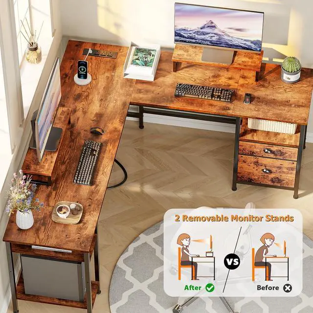 Alt view image 6 of 7 - Furologee 66 L Shaped Desk with Power Outlet, Reversible Computer Gaming Desk with File Drawer & 2 Monitor Stands for Home Office with Storage Shelves, Rustic Brown