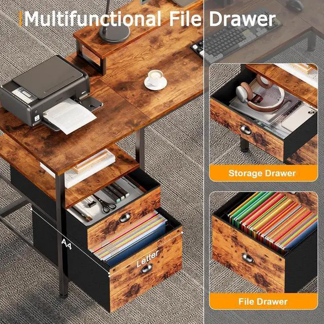 Alt view image 7 of 7 - Furologee 66 L Shaped Desk with Power Outlet, Reversible Computer Gaming Desk with File Drawer & 2 Monitor Stands for Home Office with Storage Shelves, Rustic Brown